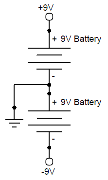 two 9V batteries wired for bipolar supply